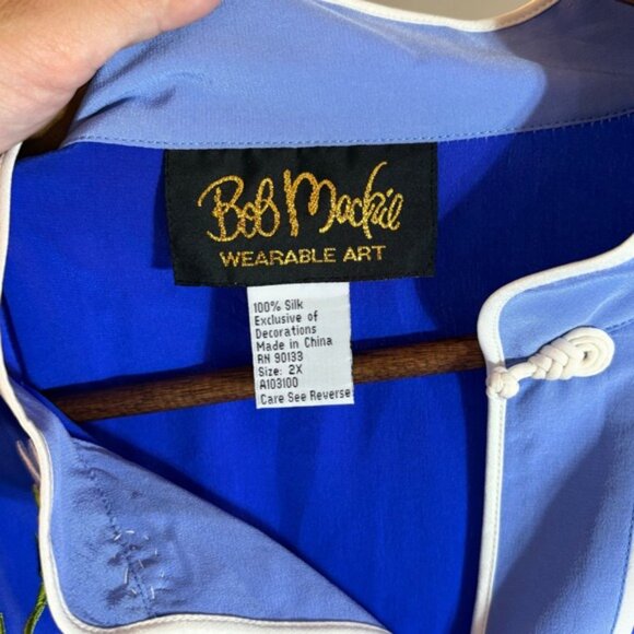 Bob Mackie Royal Blue Floral Embroidered Mandarin Collar Asian Style Top 2x - Picture 2 of 9